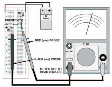 The same circuit, set up to measure the current through the diode