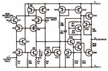 The internal circuit of the 741: a mere 22 transistors