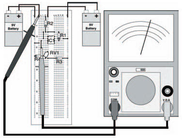 The breadboard layout for the circuit in Figure 9.5. Note that in this diagram the input voltage is being measured