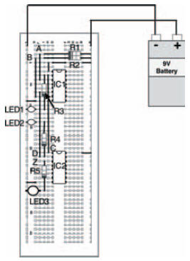 A possible breadboard layout for the circuit of Figure 10.38