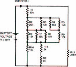 A comparatively complex circuit showing a number of resistors in parallel and in series. By breaking the circuit down into groups, the overall resistance can be calculated