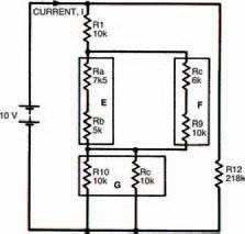 The same network, broken down into smaller networks using equivalent resistances (networks E, F and G)