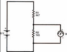 A circuit with two unequal, series resistors. This is used in the text to illustrate the voltage divider rule, one of the most fundamental rules of electronics