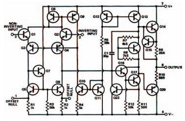 The internal circuit of the 741: a mere 22 transistors
