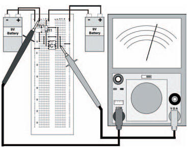 The breadboard layout of the circuit in Figure 9.11 on the previous page