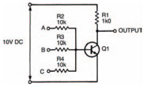 A transistor switch, with three inputs A, B and C