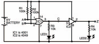 A simple circuit to create one type of gate (OR) from two other types (NOR and NOT)