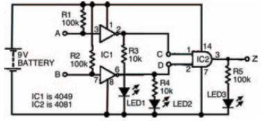 The experimental circuit to prove that a NOR gate can be created from an AND gate whose inputs are inverted first