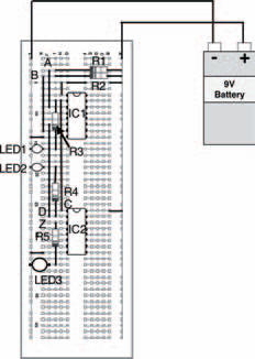 A breadboard layout for the circuit in Figure 10.43