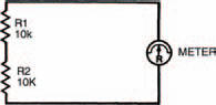 A circuit diagram of two resistors in series. The meter is represented by a round symbol