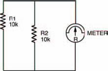 The circuit diagram for two resistors in parallel, with the meter symbol
