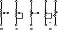 A variety of symbols used for variable resistors, or potentiometers
