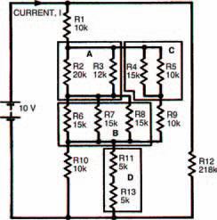 A resistor network in which the total resistance can only be calculated by breaking it down into blocks